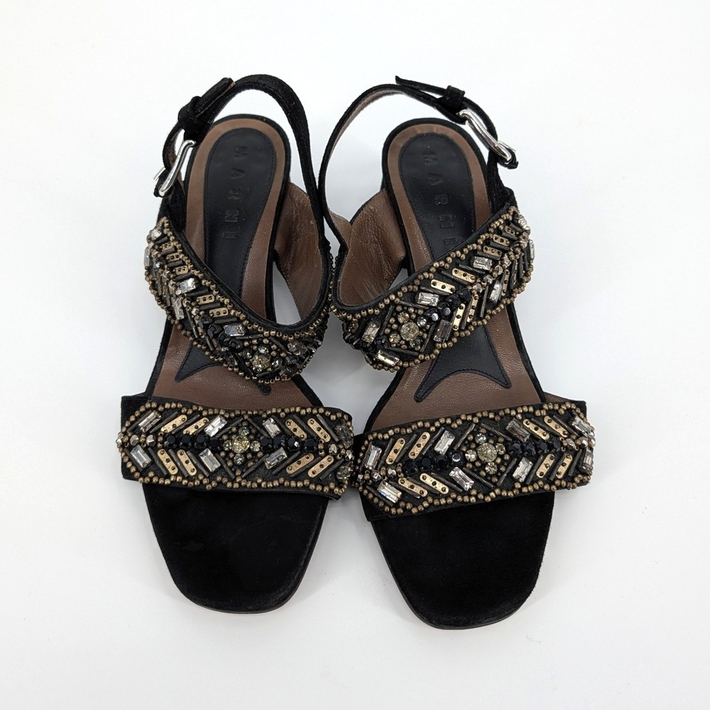 Marni Black Suede Beaded Crystal Block Heel Slingback Sandals Made in Italy‎ - Picture 4 of 6